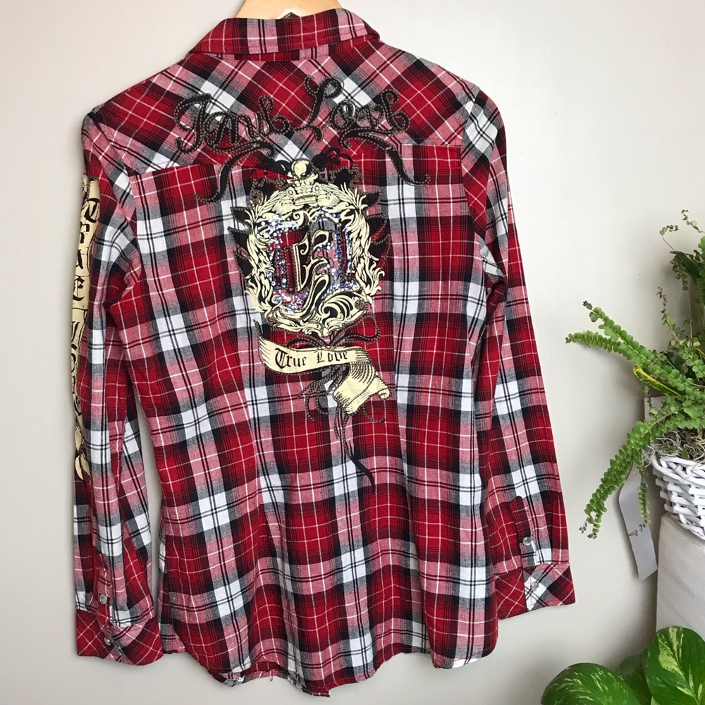 54” Vintage Havana Red Plaid Button Down Shirt - Picture 2 of 7